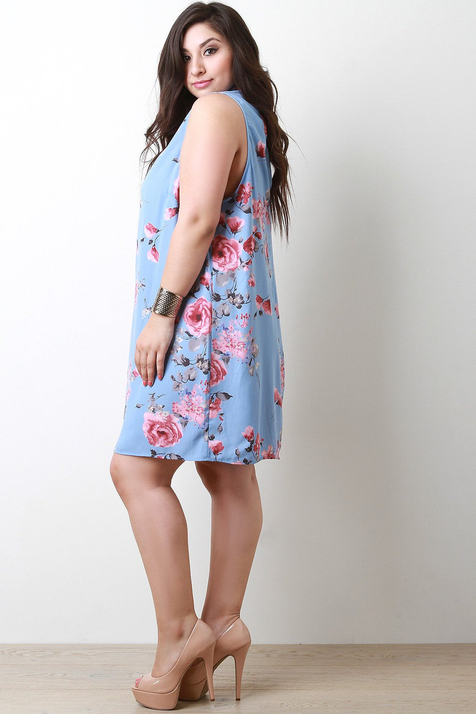 Plus Size Rose Blossom Mock Neck Shift Dress