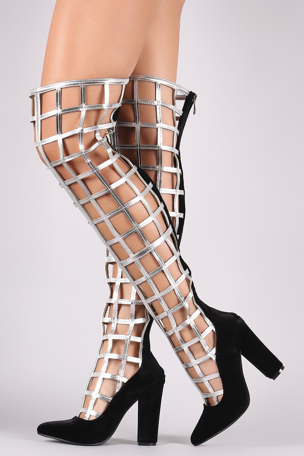 Velvet Caged Chunky Heeled Over-The-Knee Boots