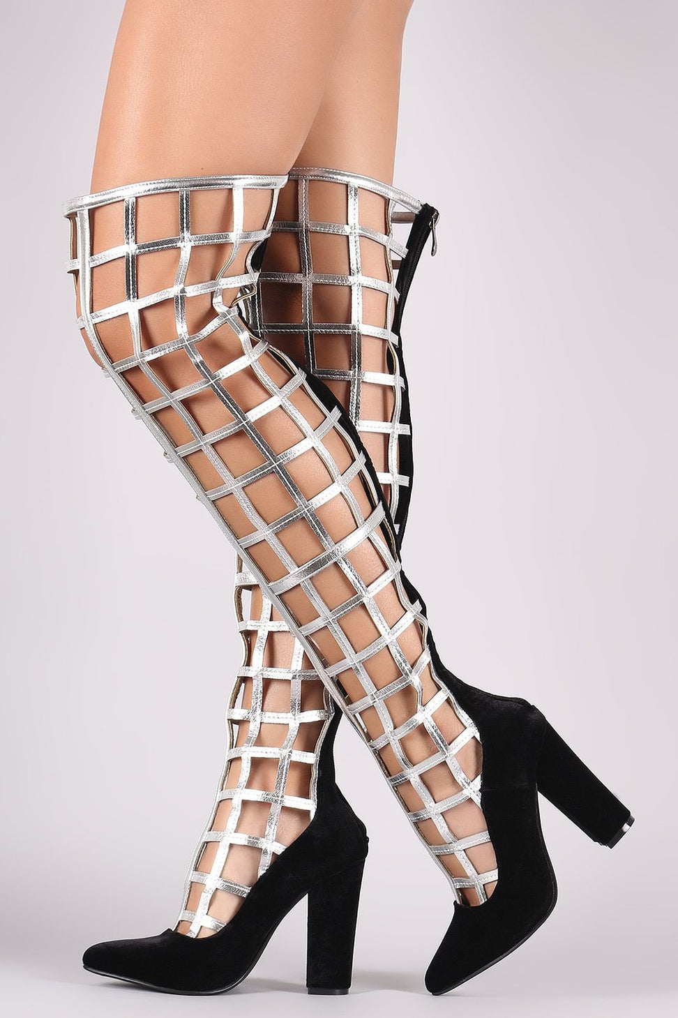 Velvet Caged Chunky Heeled Over-The-Knee Boots