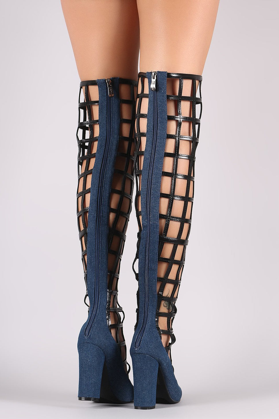 Denim Caged Chunky Heeled Over-The-Knee Boots