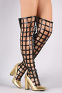 Metallic Caged Chunky Heeled Over-The-Knee Boots