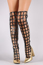Metallic Caged Chunky Heeled Over-The-Knee Boots