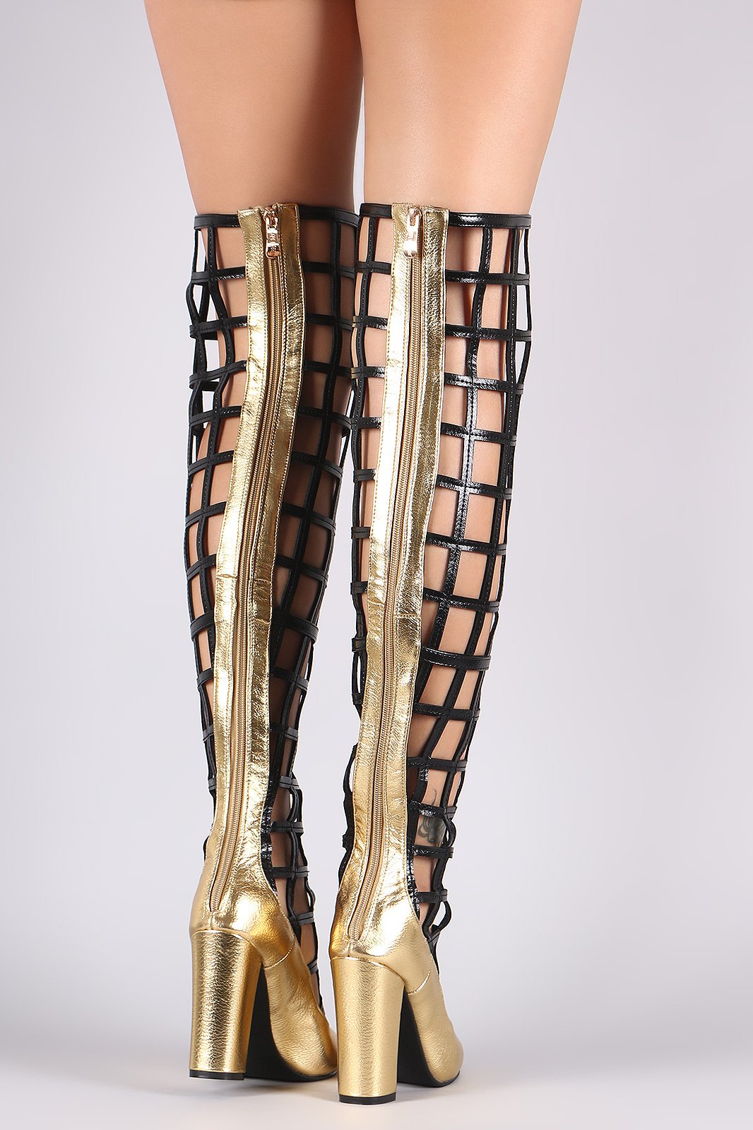 Metallic Caged Chunky Heeled Over-The-Knee Boots