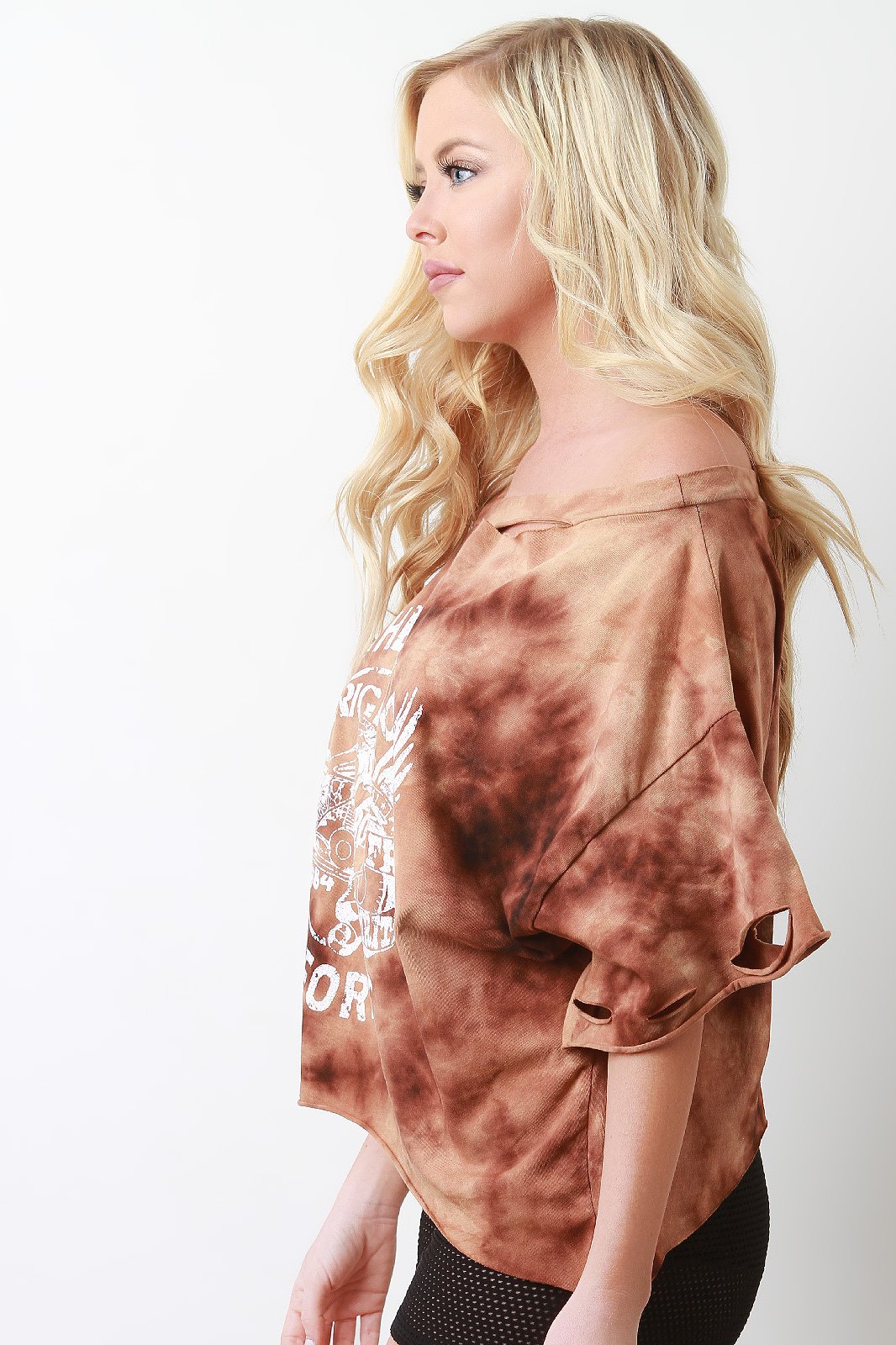 Tie Dye Graphic Print Raw Edge Distressed Top