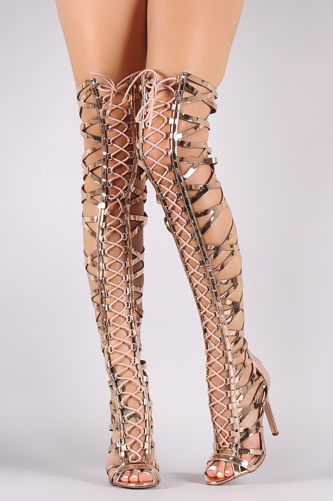 Metallic Patent Strappy Open Toe Lace-Up Gladiator Heel