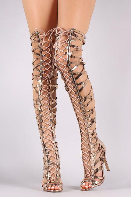 Metallic Patent Strappy Open Toe Lace-Up Gladiator Heel