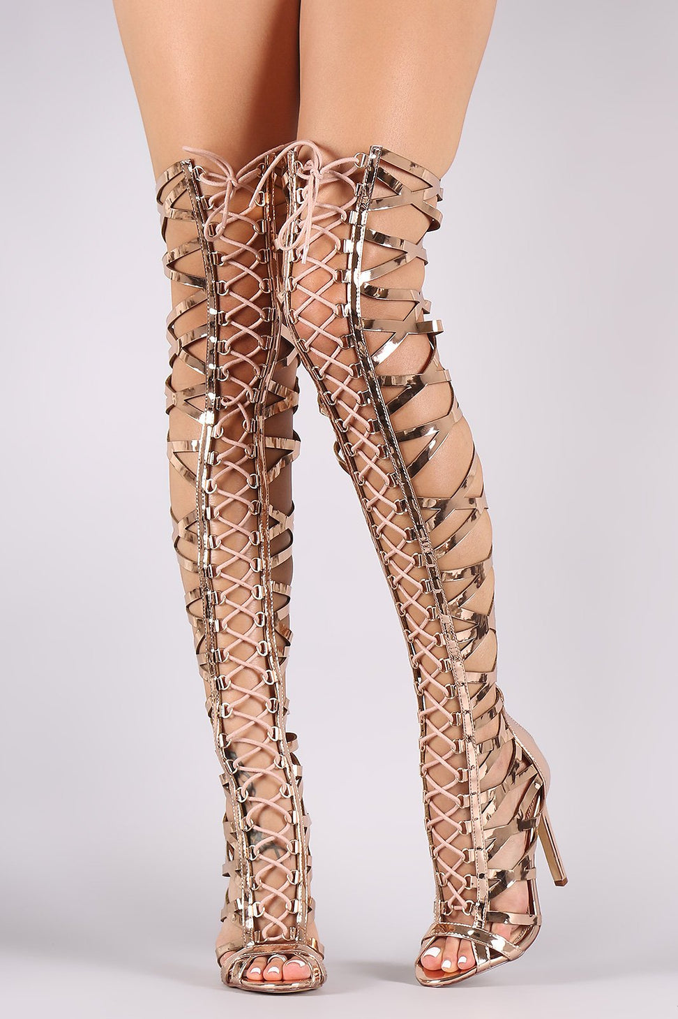 Metallic Patent Strappy Open Toe Lace-Up Gladiator Heel