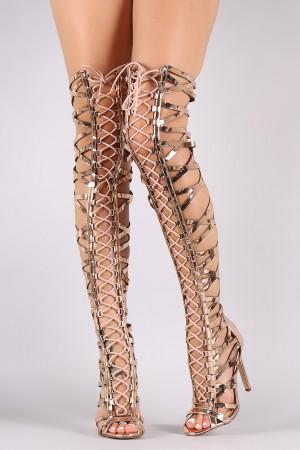 Metallic Patent Strappy Open Toe Lace-Up Gladiator Heel