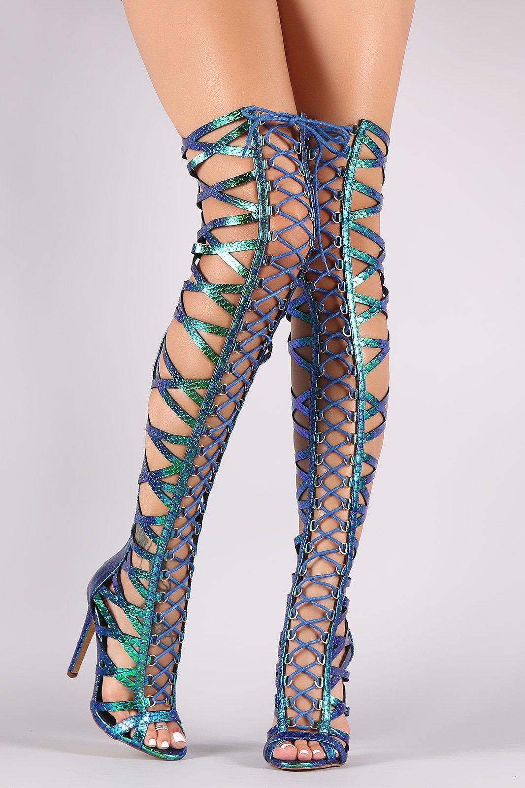 Holographic Snakeskin Strappy Open Toe Lace-Up Gladiator Heel