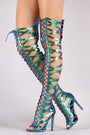 Holographic Snakeskin Strappy Open Toe Lace-Up Gladiator Heel