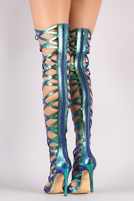 Holographic Snakeskin Strappy Open Toe Lace-Up Gladiator Heel
