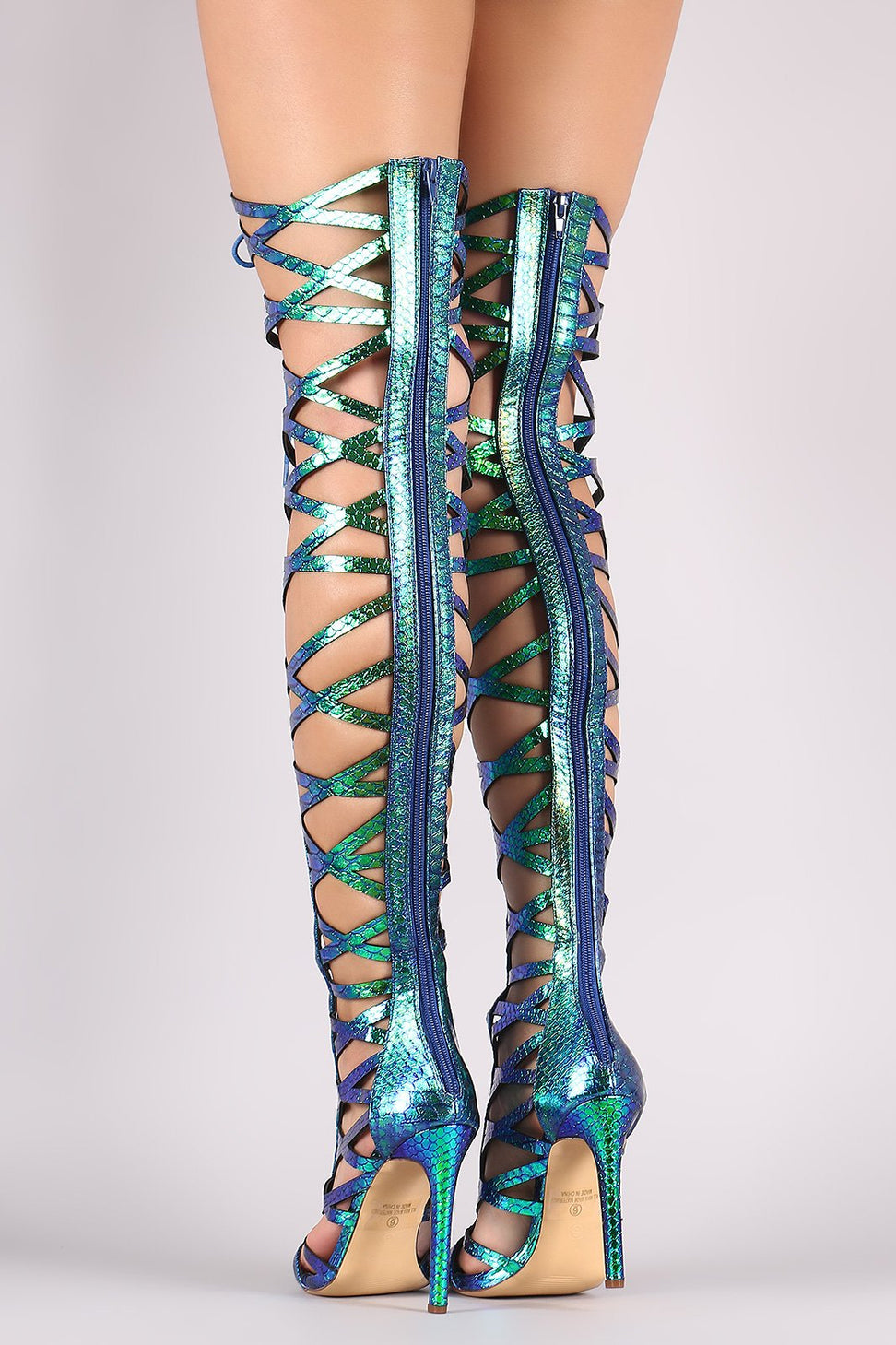 Holographic Snakeskin Strappy Open Toe Lace-Up Gladiator Heel