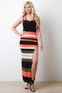 Button-Up Slit Striped Knit Maxi Dress