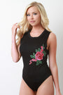 Floral Applique Round Neck Sleeveless Bodysuit - NoveltyOne