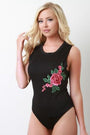Floral Applique Round Neck Sleeveless Bodysuit - NoveltyOne
