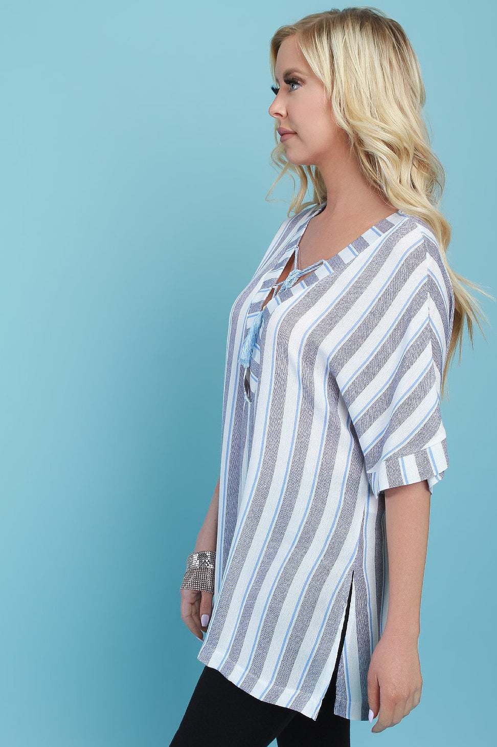 Striped Lace-Up Tassel Boxy Top