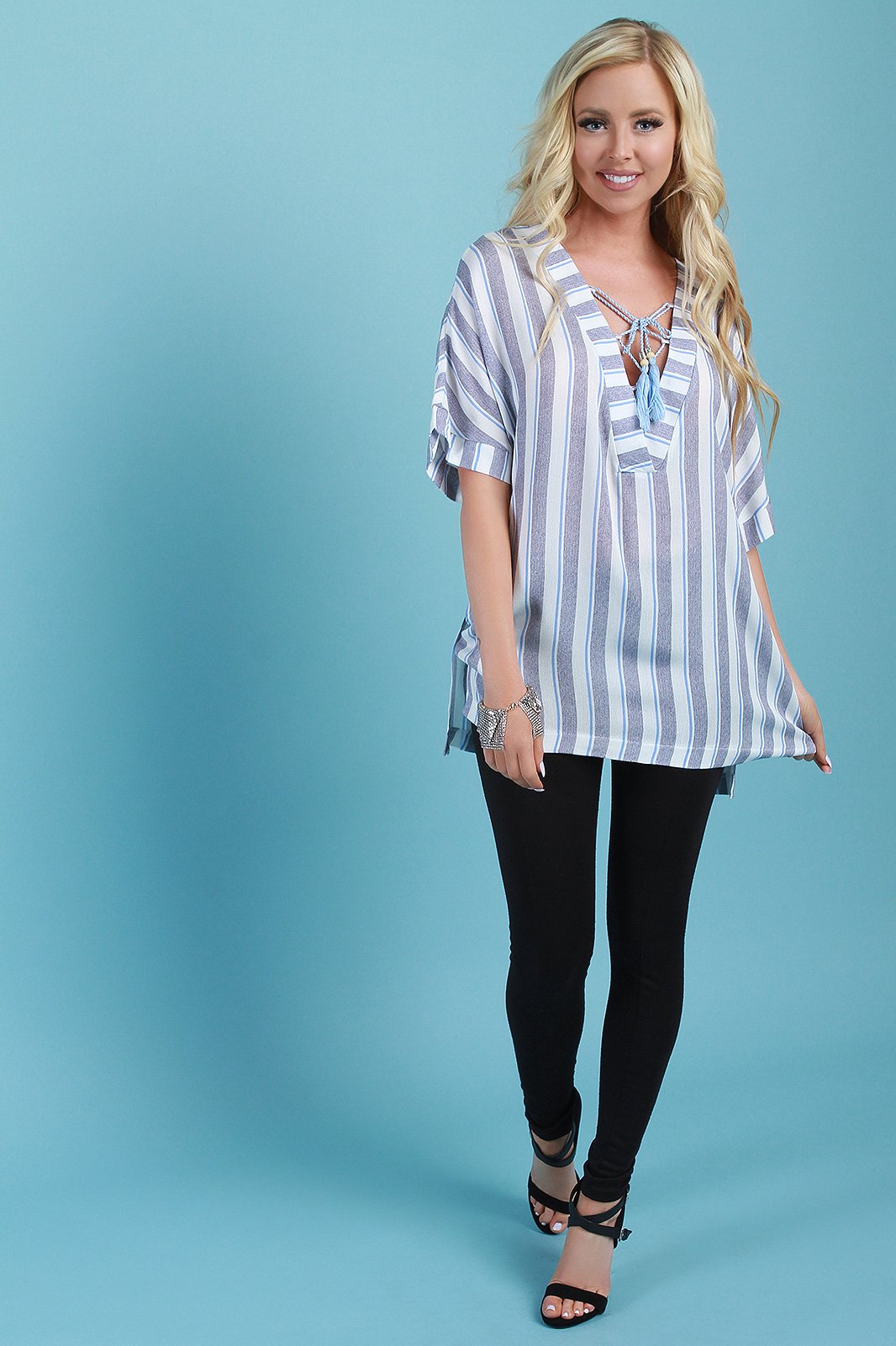 Striped Lace-Up Tassel Boxy Top