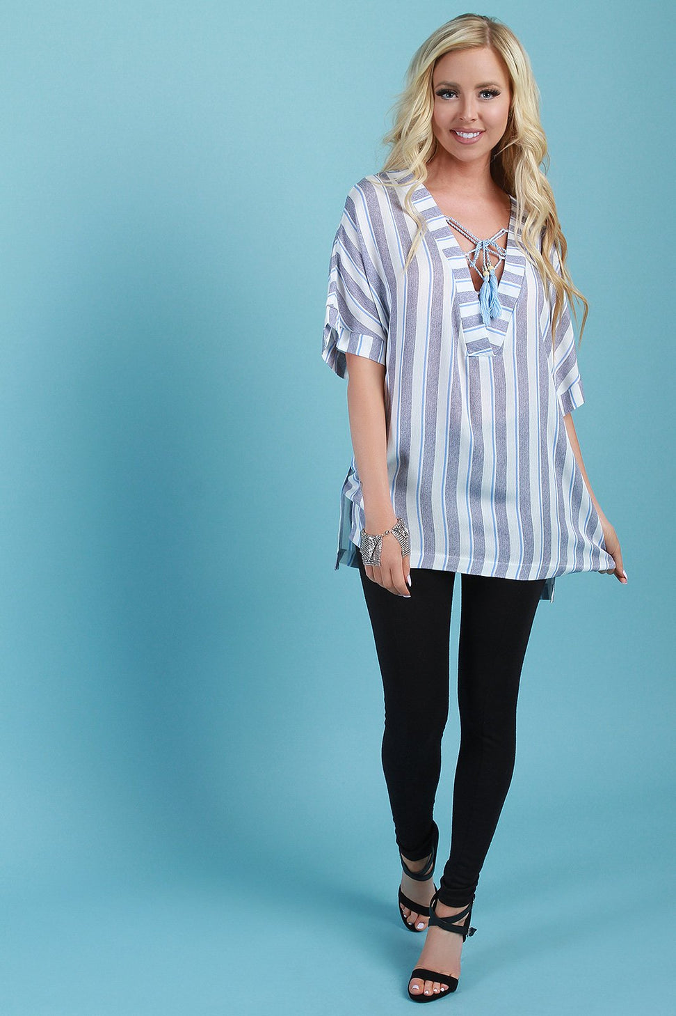 Striped Lace-Up Tassel Boxy Top