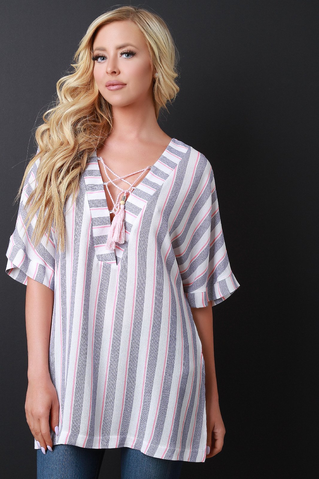 Striped Lace-Up Tassel Boxy Top