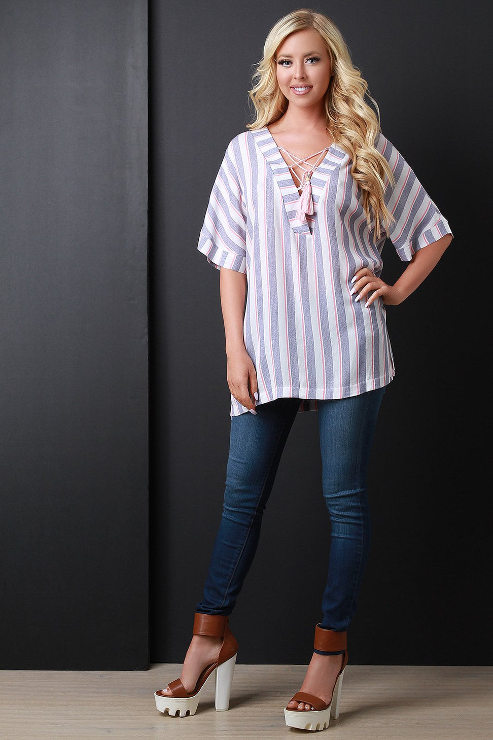 Striped Lace-Up Tassel Boxy Top