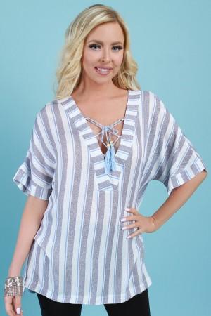 Striped Lace-Up Tassel Boxy Top