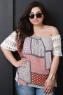 Off-The-Shoulder Mixed Print Crochet Sleeve Top