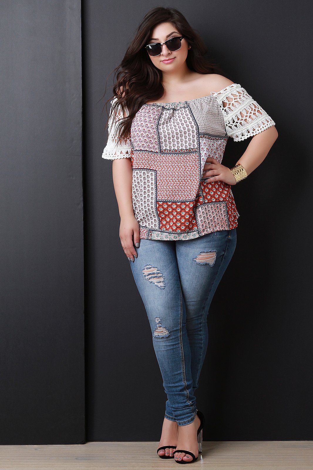 Off-The-Shoulder Mixed Print Crochet Sleeve Top