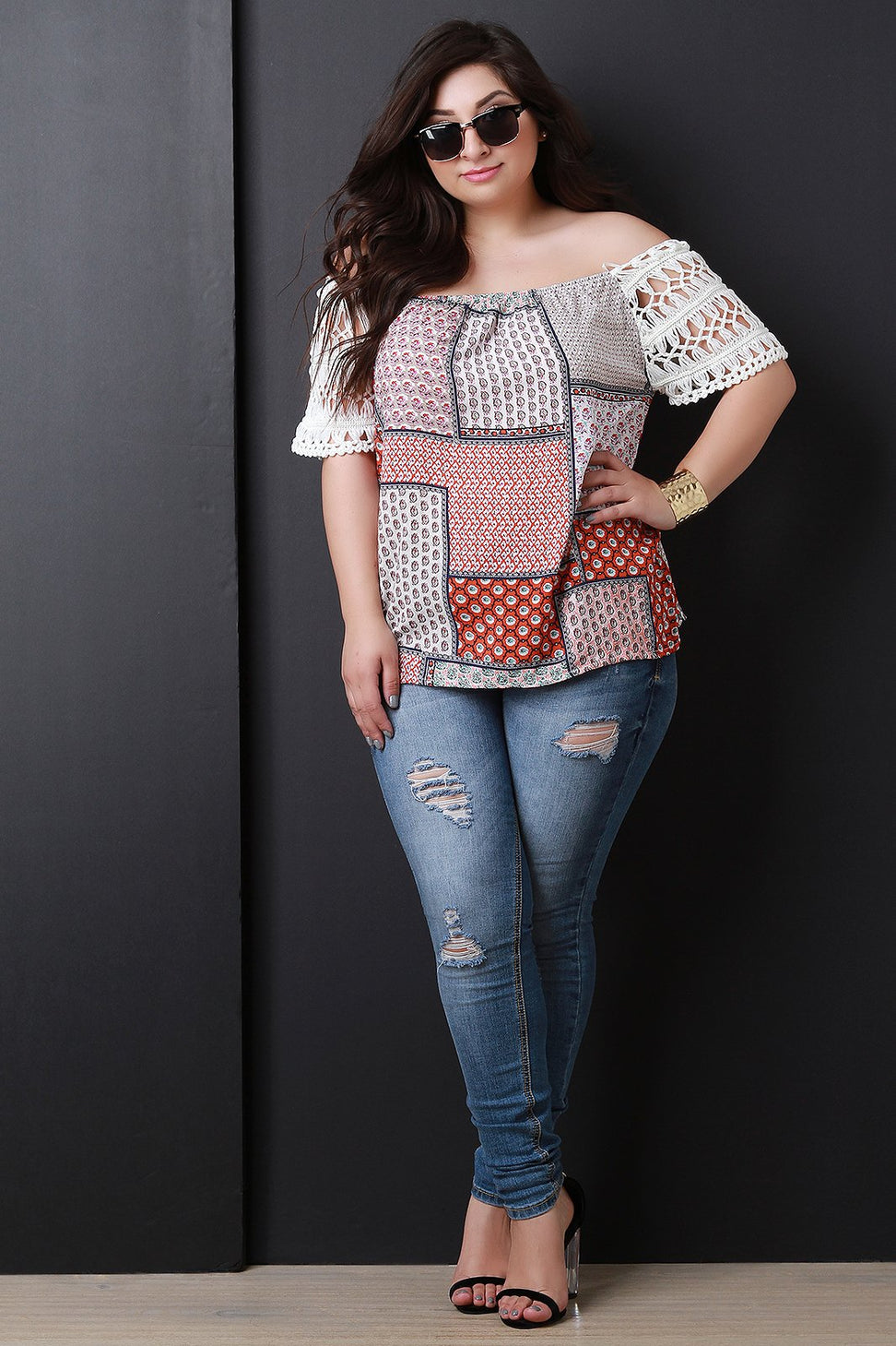 Off-The-Shoulder Mixed Print Crochet Sleeve Top