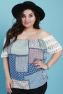 Off-The-Shoulder Mixed Print Crochet Sleeve Top