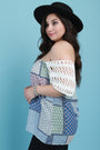 Off-The-Shoulder Mixed Print Crochet Sleeve Top