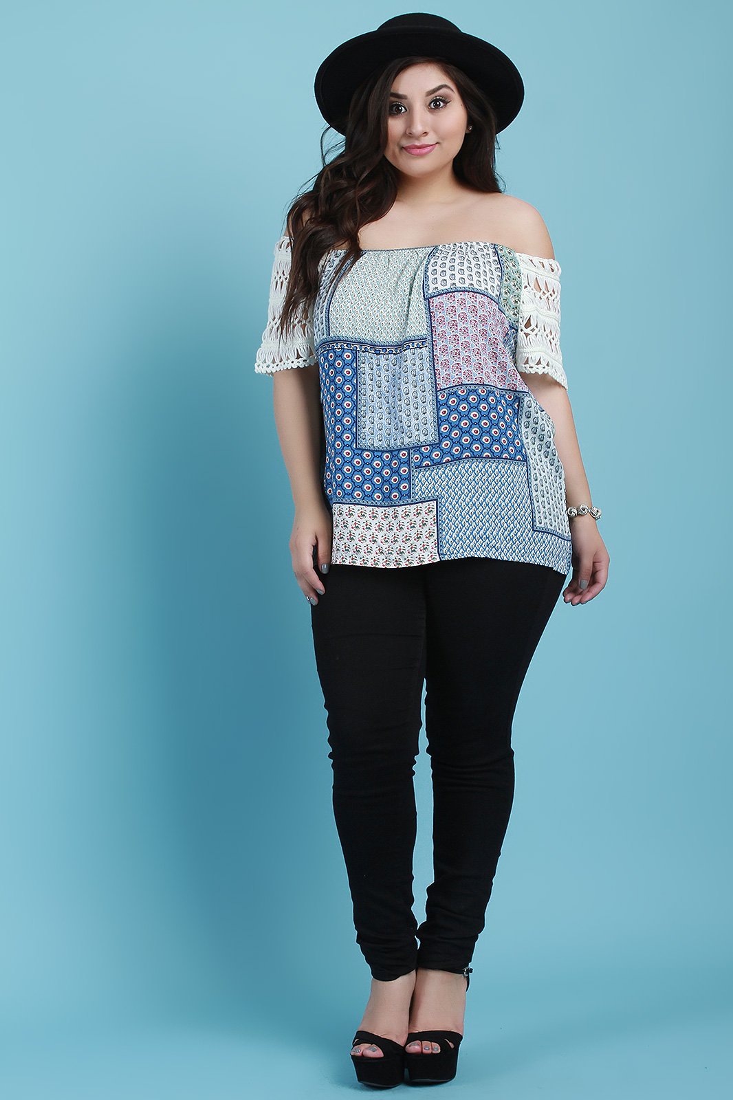 Off-The-Shoulder Mixed Print Crochet Sleeve Top