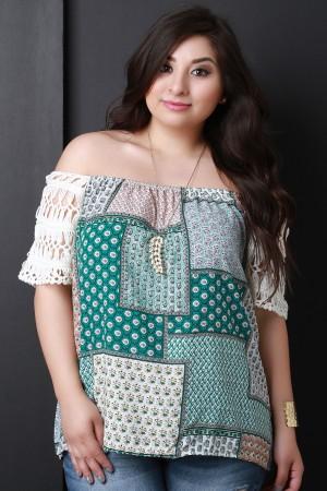 Off-The-Shoulder Mixed Print Crochet Sleeve Top