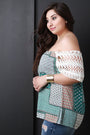 Off-The-Shoulder Mixed Print Crochet Sleeve Top