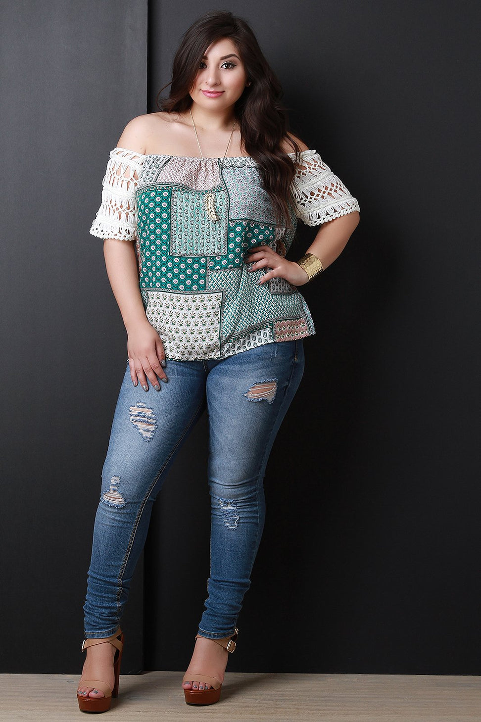 Off-The-Shoulder Mixed Print Crochet Sleeve Top