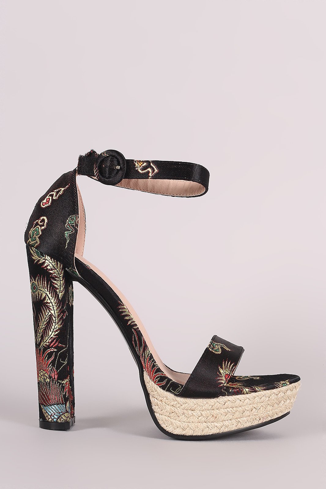 Floral Brocade Satin Ankle Strap Chunky Platform Heel - NoveltyOne