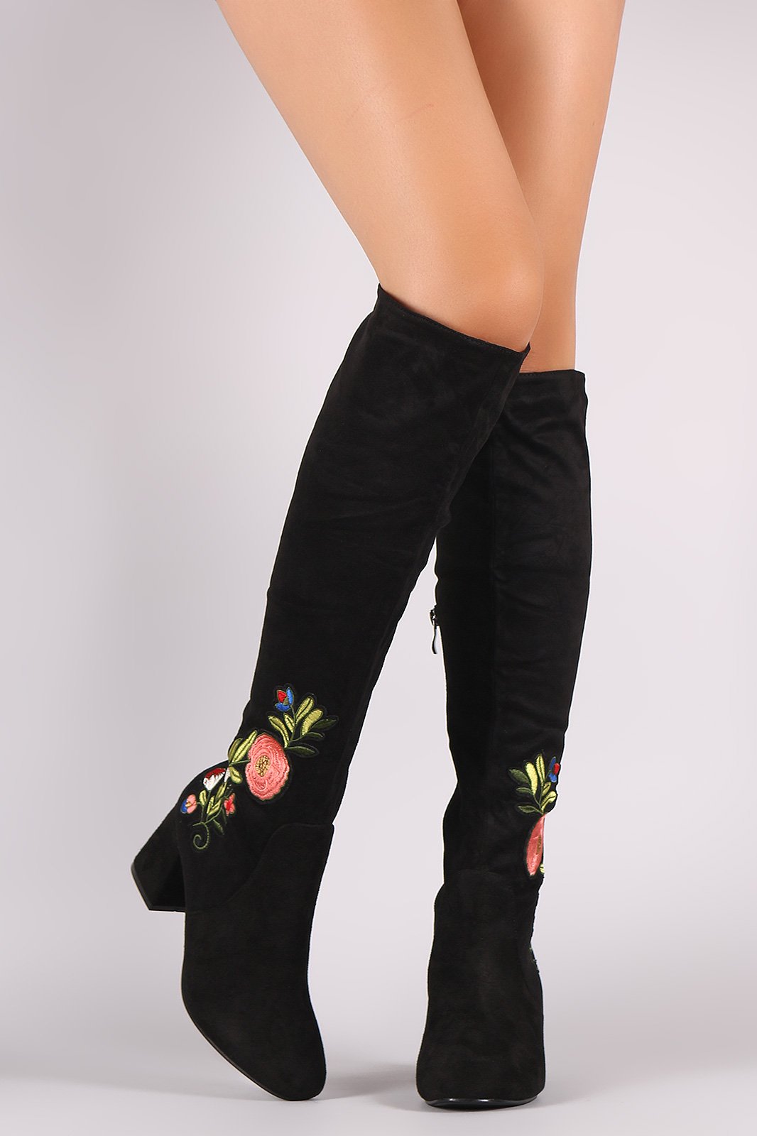 Suede Floral Patch Block Heeled Knee High Boots