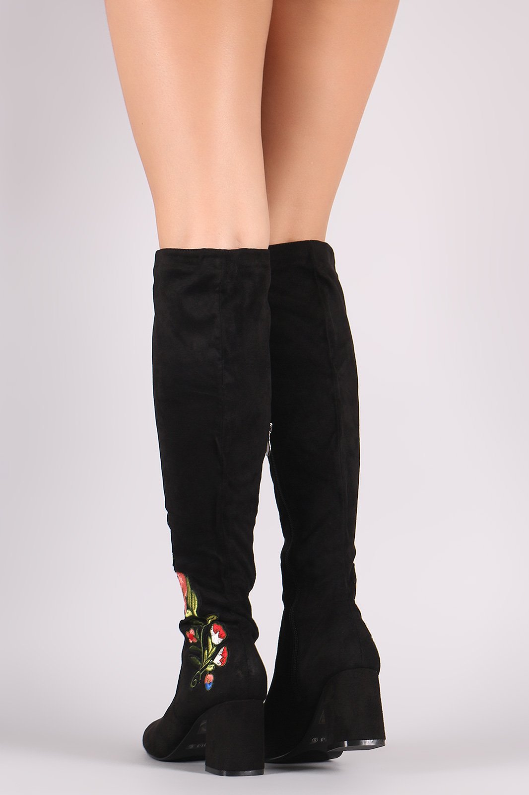 Suede Floral Patch Block Heeled Knee High Boots