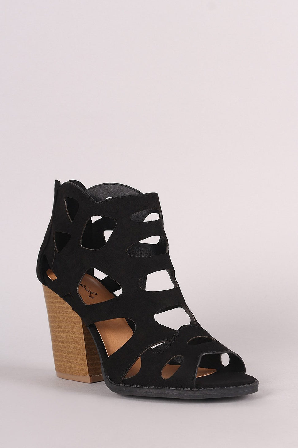 Qupid Peep Toe Cutout Stacked Chunky Heeled Booties