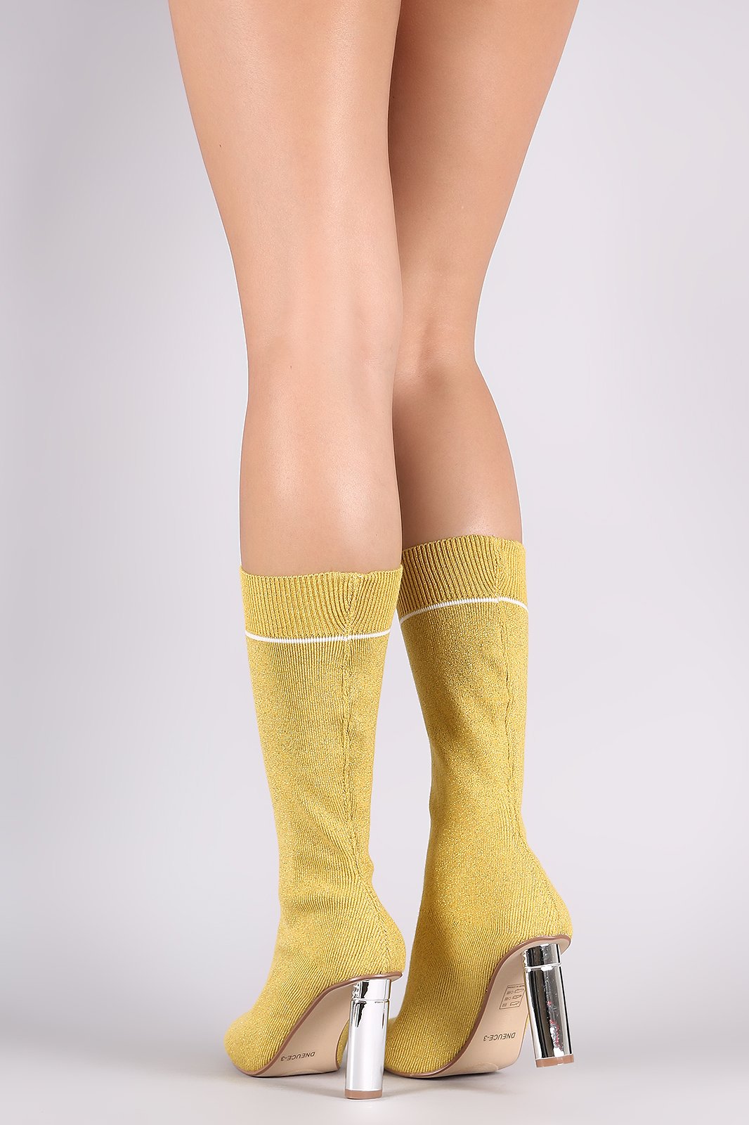 Shimmer Ribbed Sweater Knit Oval Heeled Mid Calf Boots