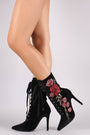 Embroidered Floral Velvet Pointy Toe Stiletto Lace Up Boots