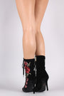 Embroidered Floral Velvet Pointy Toe Stiletto Lace Up Boots