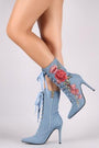 Embroidered Floral Denim Pointy Toe Stiletto Lace Up Boots