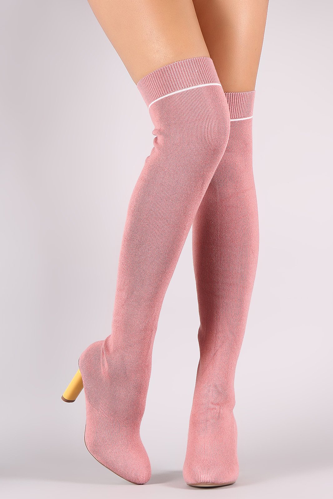 Ribbed Sweater Knit Striped Contrast Heel Over-The-Knee Boots