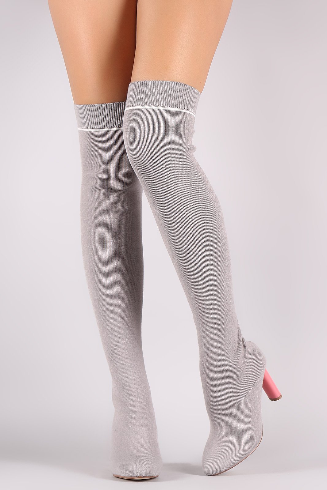 Ribbed Sweater Knit Striped Contrast Heel Over-The-Knee Boots