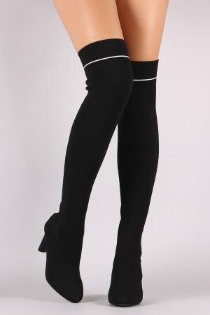 Ribbed Sweater Knit Striped Contrast Heel Over-The-Knee Boots