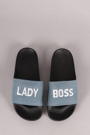 Lady Boss Embroidered Denim Slide Sandal