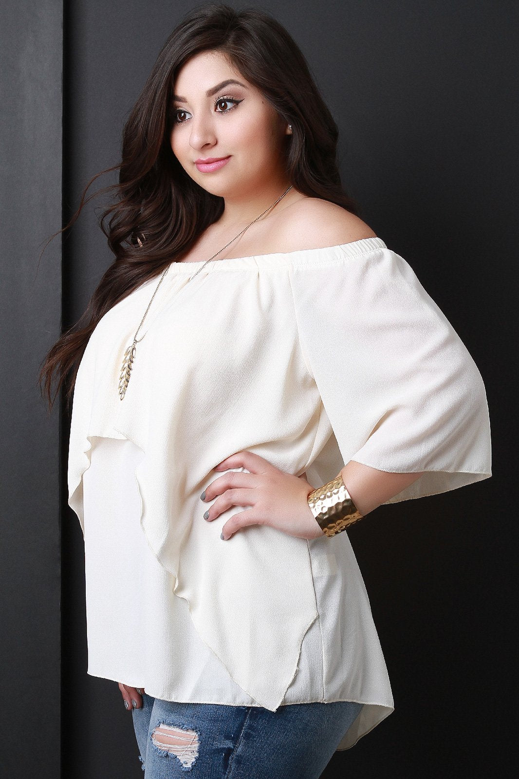 Off-The-Shoulder Tier Bell Sleeves Chiffon Flowy Top