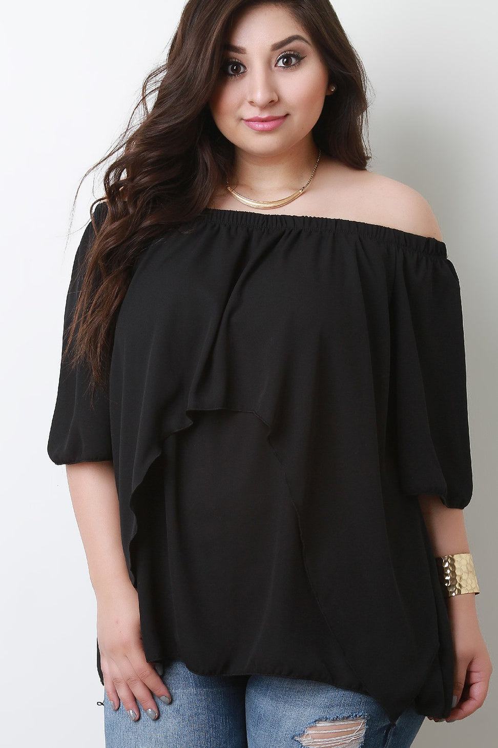 Off-The-Shoulder Tier Bell Sleeves Chiffon Flowy Top