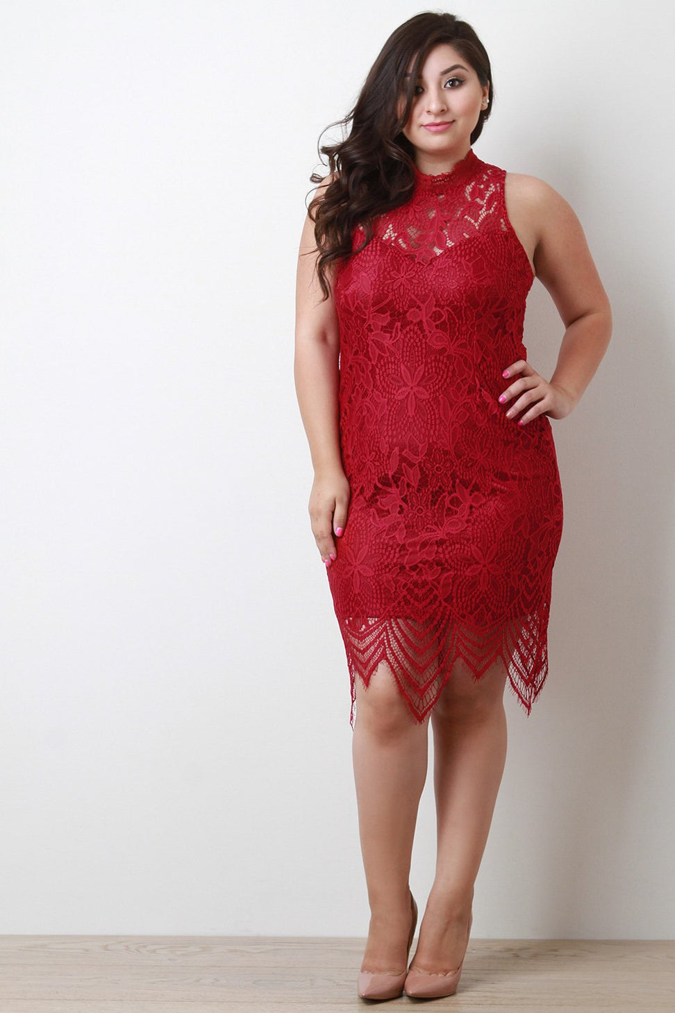 Semi-Sheer Mesh Mock Neck Floral Lace Midi Dress