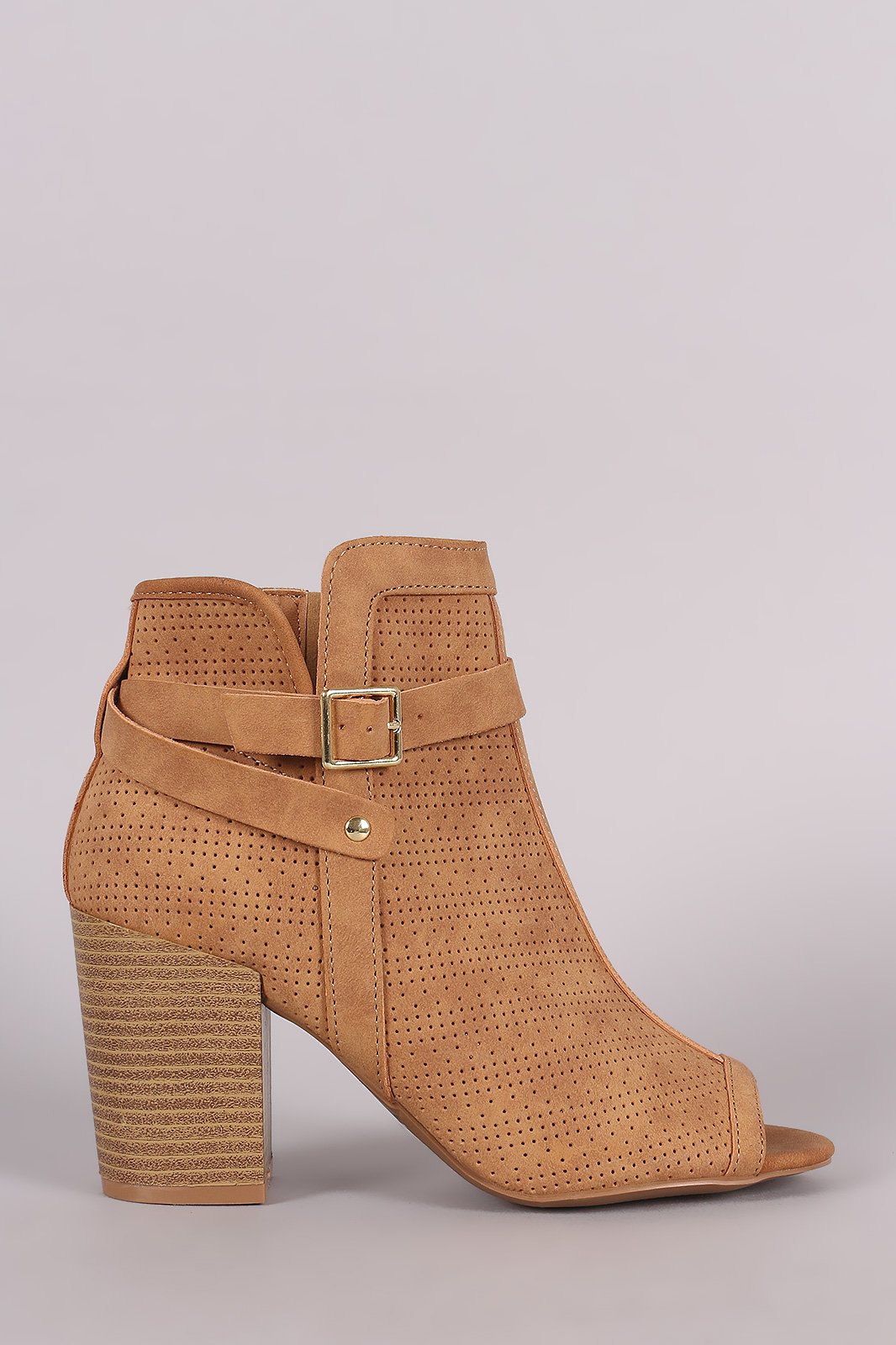 Qupid Perforated Nubuck Peep Toe Chunky Heeled Booties
